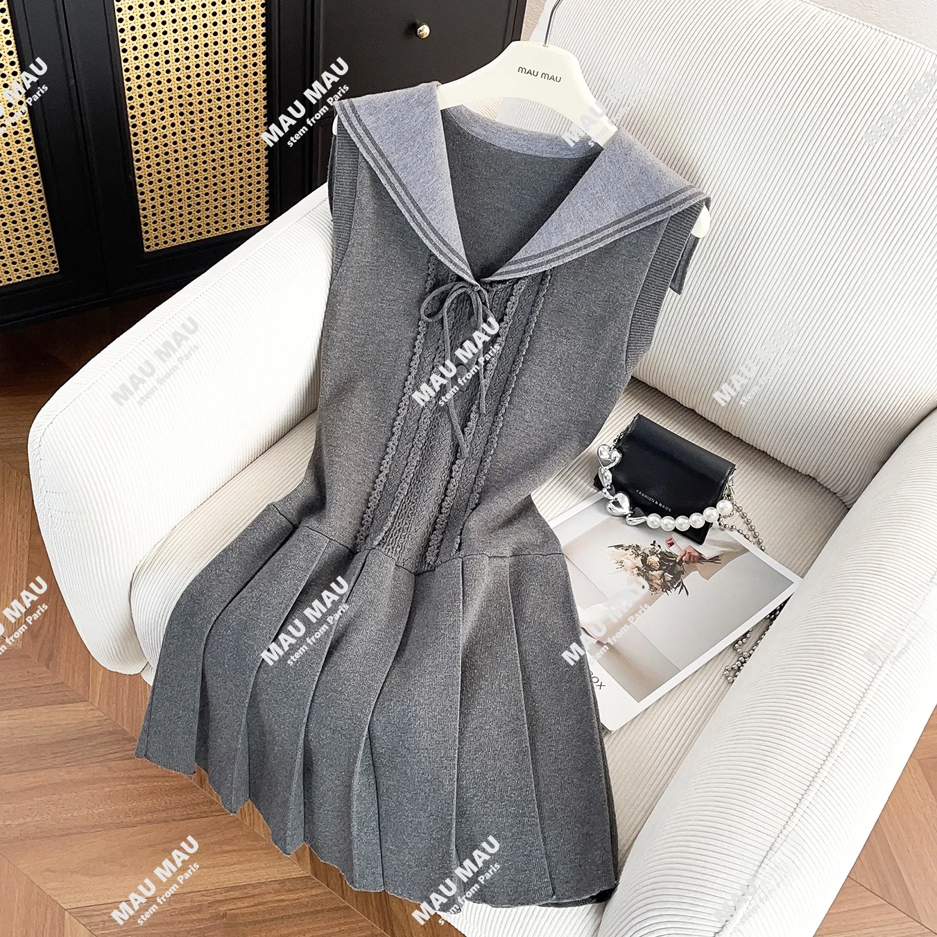 

Элегантное осеннее платье А-силуэта с воротником-стойкой, плиссированное, вязаное, в винтажном университетском стиле, для женщин, в стиле ретро