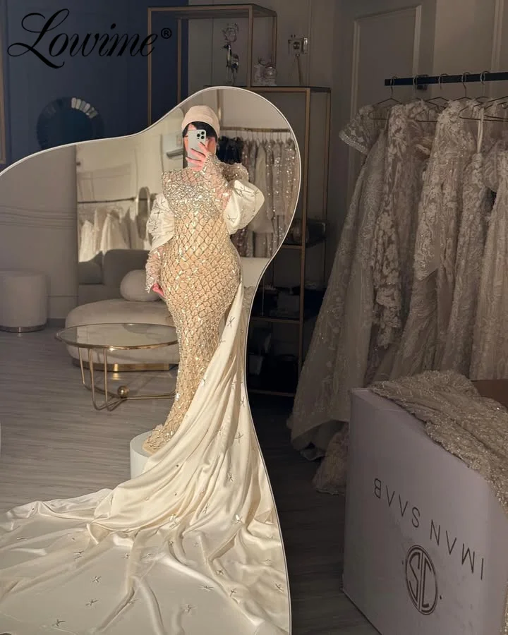 Muslim Women Champagne Mermaid Prom Dresses With Cape Sleeve Heavy Beaded Crystals Celebrity Maxi Evening Party Gowns Customized
