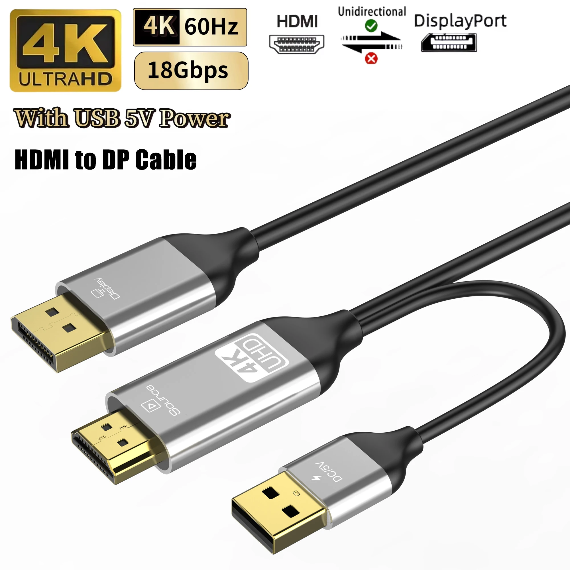 HDMI to DisplayPort Cable 4K@60Hz Uni-Directional  Adapter Active Source to DP Monitor Cord Compatible PC Laptop 1080P