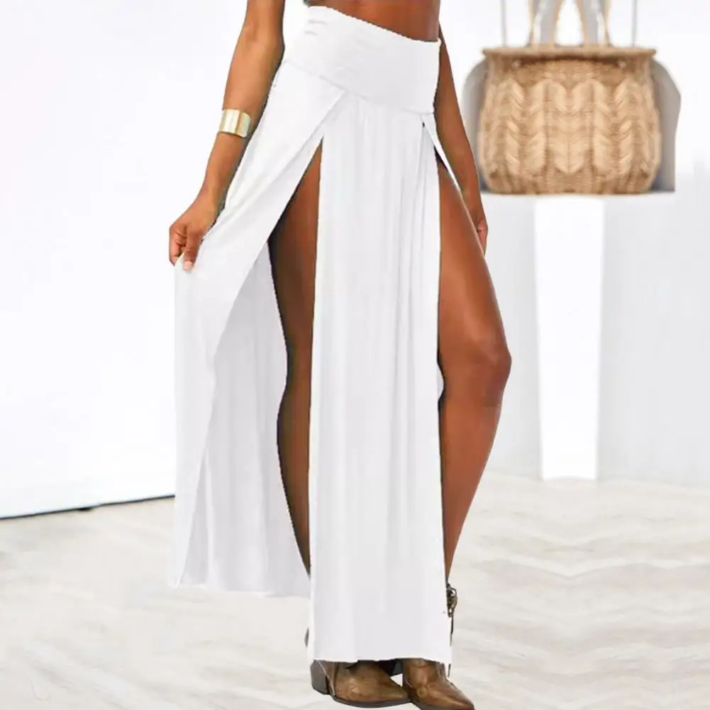Boho Sexy Floor Length Maxi Skirt Women High Waist Side Slit Solid Color Slimming Skirt Beach Party Travel Casual Wear