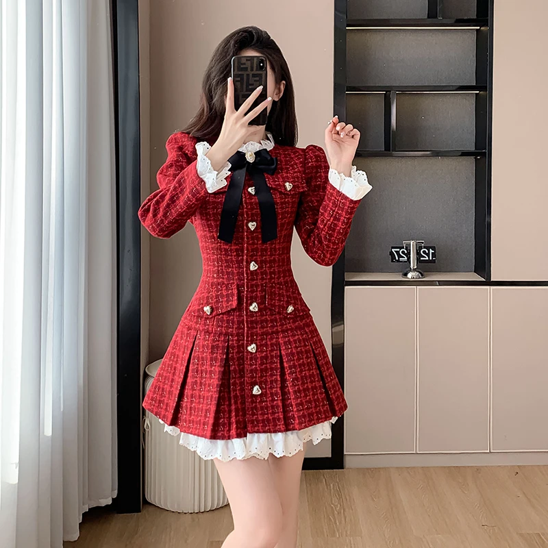 2024 New Years Christmas Light Luxury Tweed Pleated Dress Korean Sweet Long Sleeve Vestido Femininos French Vintage Dresses