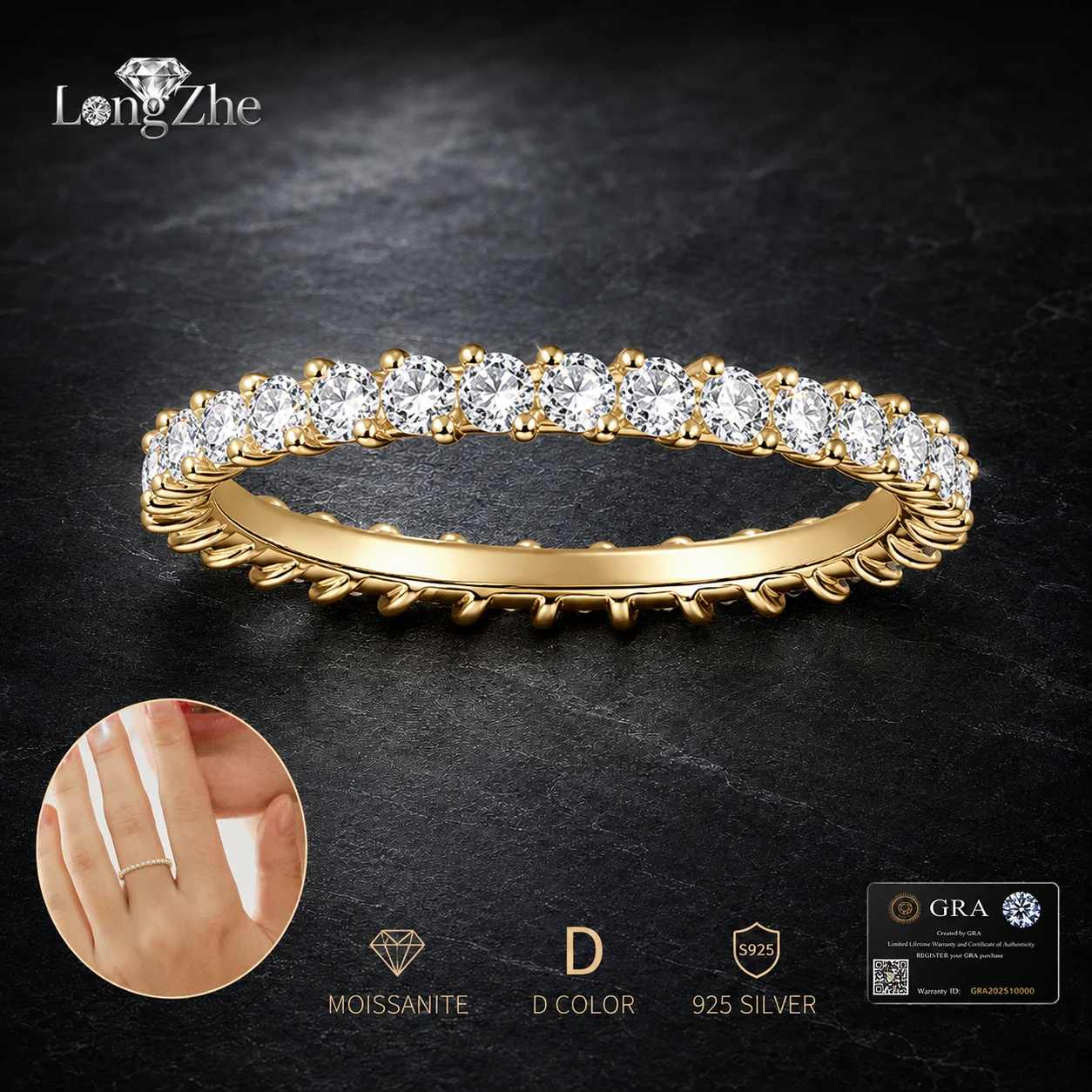 LongZhe S925 Silver Moissanite Eternity Ring 0.9CT D Color GRA Certified Diamond Tester Passed Fine Jewelry Gift
