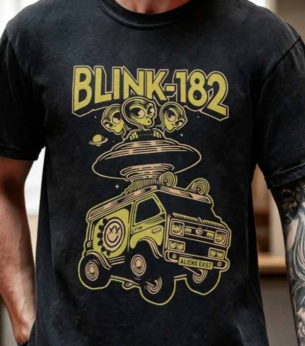2026Summer Sale Blink 182 Aliens Exist T-Shirt  OnVintage Black Tee,Men's Round Neck Short Sleeved Shirt