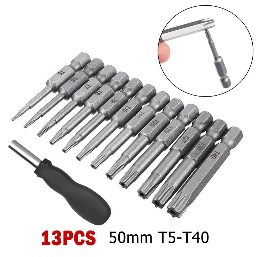 

13pcs Security Bit Set Extension Bit Holder Tamper Star Screwdriver Bits Set 50mm T5-T40 S2 Alloy Steel Torx Screwdriver Bit