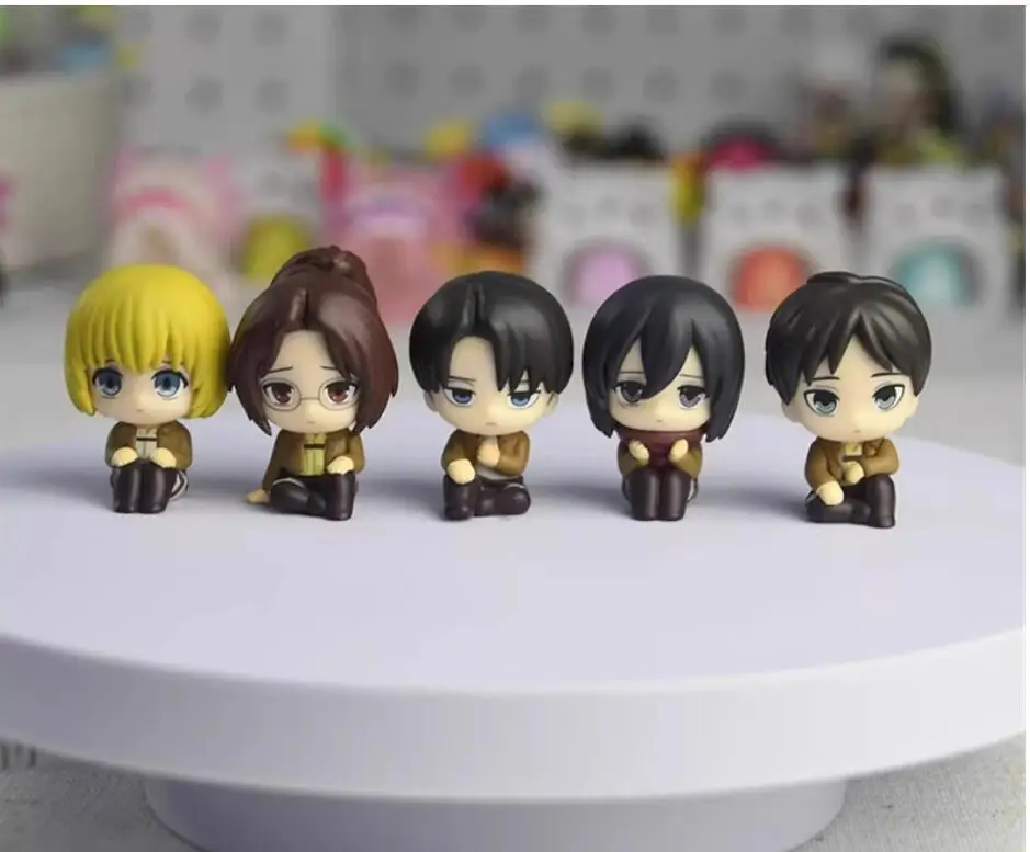 No box 3.5cm 5PCS/lot Japanese original anime figure Q vesion sitting Mikasa·Ackerman/Levi Ackerman/Eren Jaeger action figure