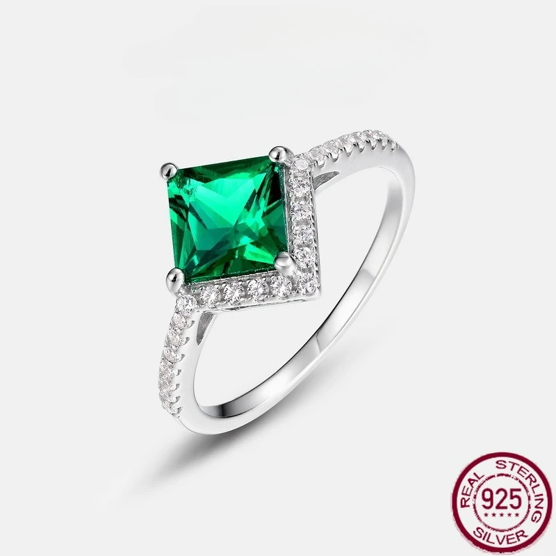 

New S925 Pure Silver Princess Square Ancestral Green Inlaid Colorful Vintage Ring Light Luxury Wedding Jewelry