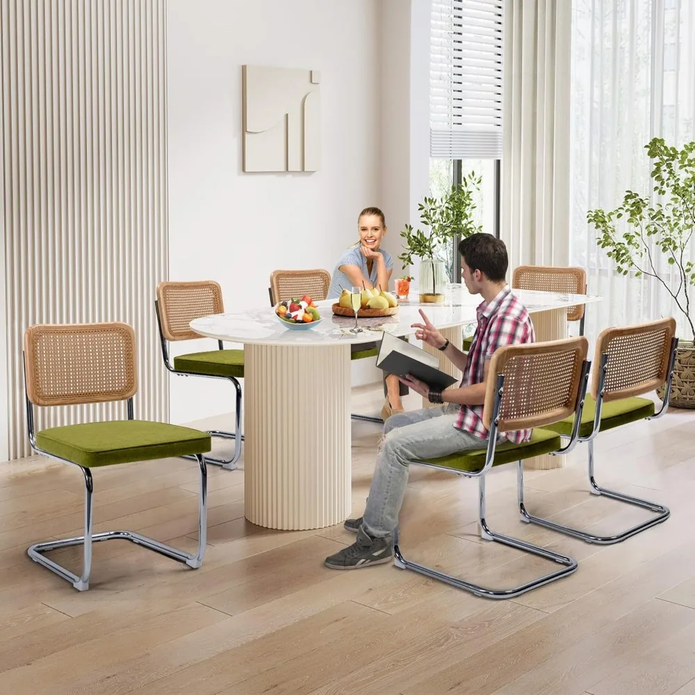 Chaises de Salle à Manger Modernes en Rotin Tissé à la Main, Base Chromée, Siège en Coton, Vert, Lot de 2 Pièces