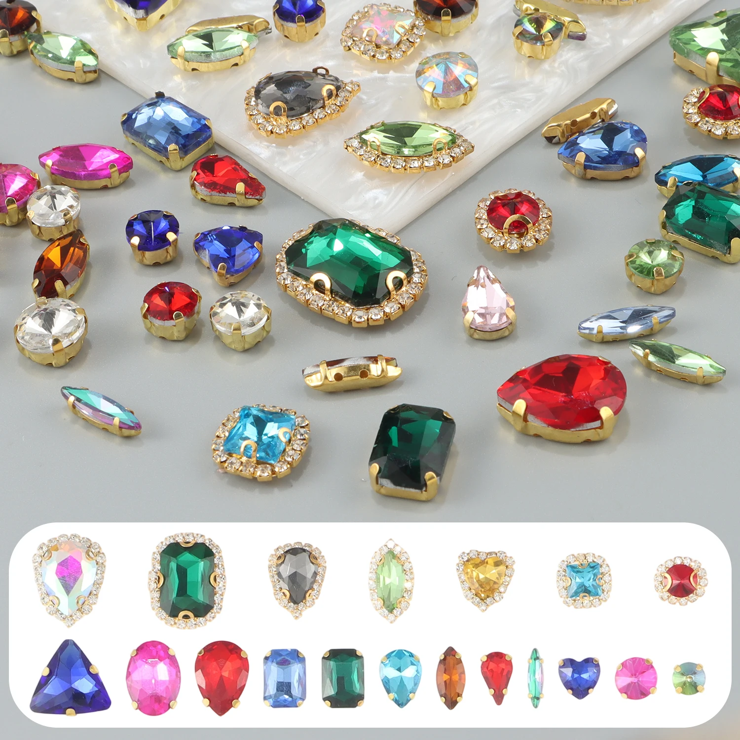 Strasssteine zum Aufnähen, Choupet, 50 Stück, zum Aufnähen von Glas, Strasssteinen, Metallrücken, Krappenfassung, Nähen, Krallen-Strasssteinen, gemischte Formen