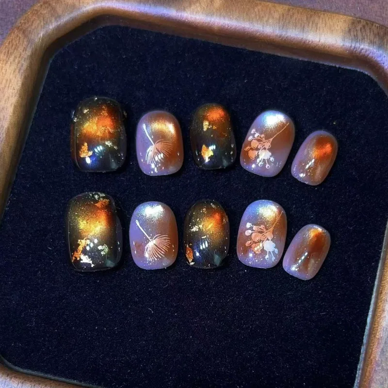 

10 шт., янтарные кончики для ногтей ручной работы «кошачий глаз», одуванчик, омбре, короткие стильные ногти на осень/зиму, идеальный подарок для женщин