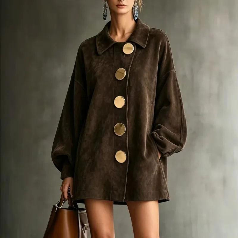 Women Faux Suede Coat Lapel Collar Large Gold Button Loose Lantern Sleeve Mid Length Casual Streetwear