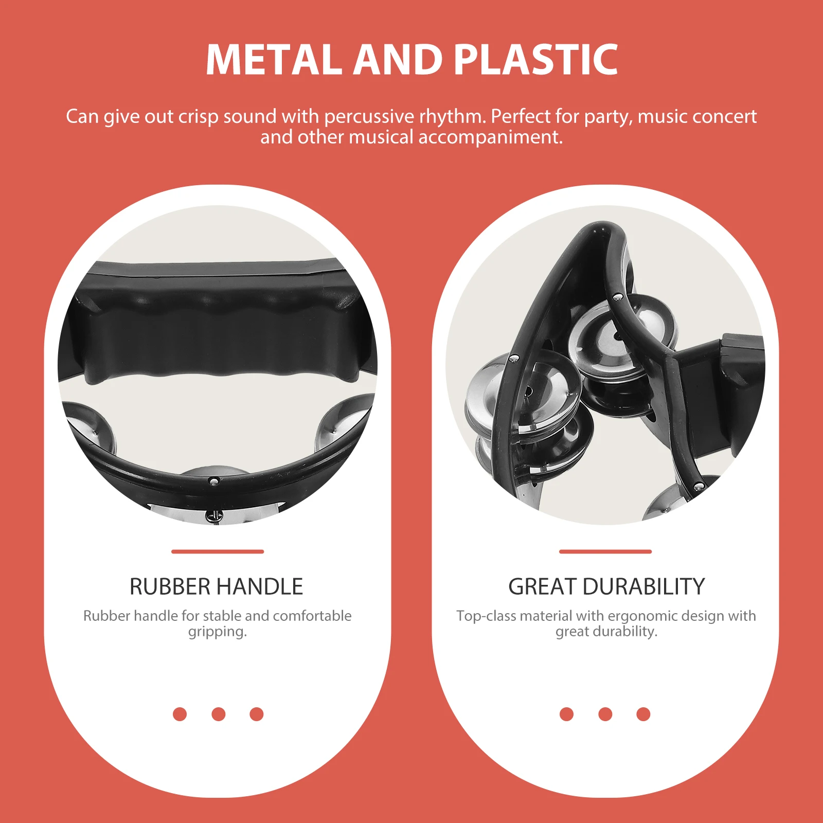 

Music Tambourine Double Row Half Moon 40 Metal Jingles Rubber Handle Handheld Percussion Instrument for Concert Classroom Party