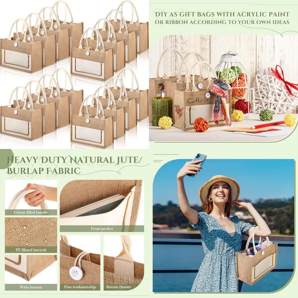 

16 Pack Jute Burlap Tote Bags, Reusable Beach Bags with Handle, 11.8 x 7.87 x 5.5, Beige, Classic