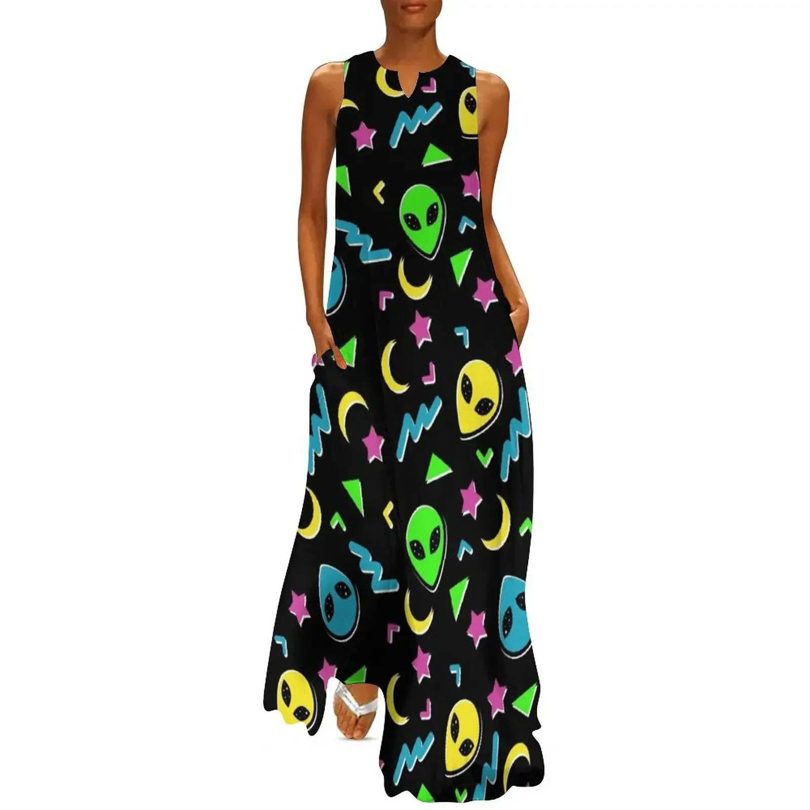 

90s Geometric Alien - Black and Neon Long Dress dress summer clothes for women