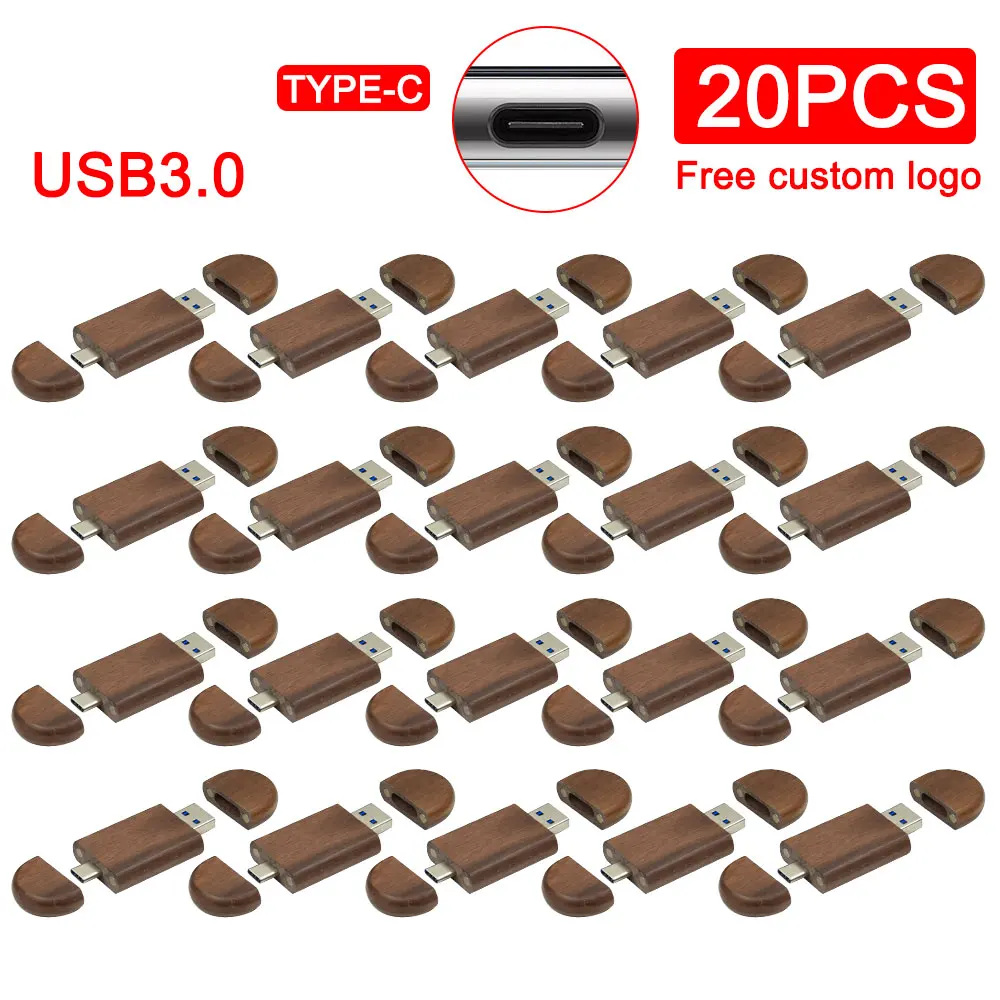 

20PCS/LOT Wooden TYPE-C 2in1 USB 3.0 Flash Drives 128GB Pen Drive Free Custom Logo with Box Memory Stick 64GB 32GB U Disk