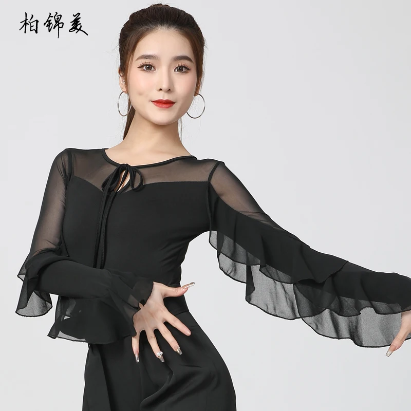 Modern Dance Top Women\'s New Latin Dance Ruffled Long Sleeve Body National Standard Dance Performance Friendship Dance Practice