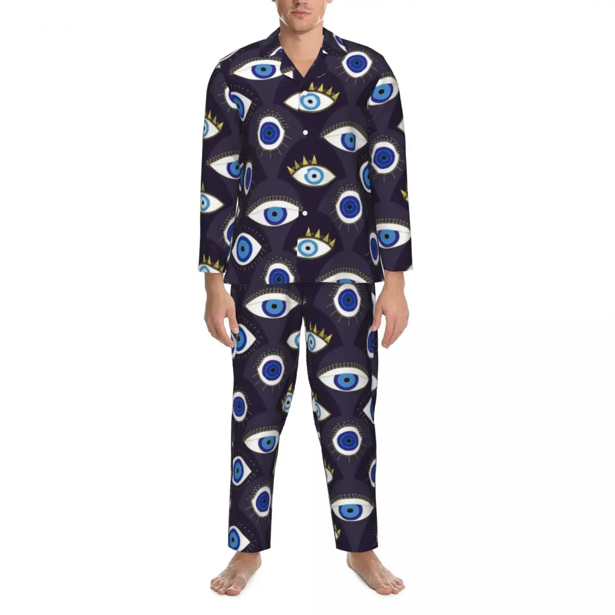 

Evil Eye Print Sleepwear Autumn Protect Me Vintage Oversize Pajama Sets Mens Long Sleeve Soft Leisure Design Nightwear