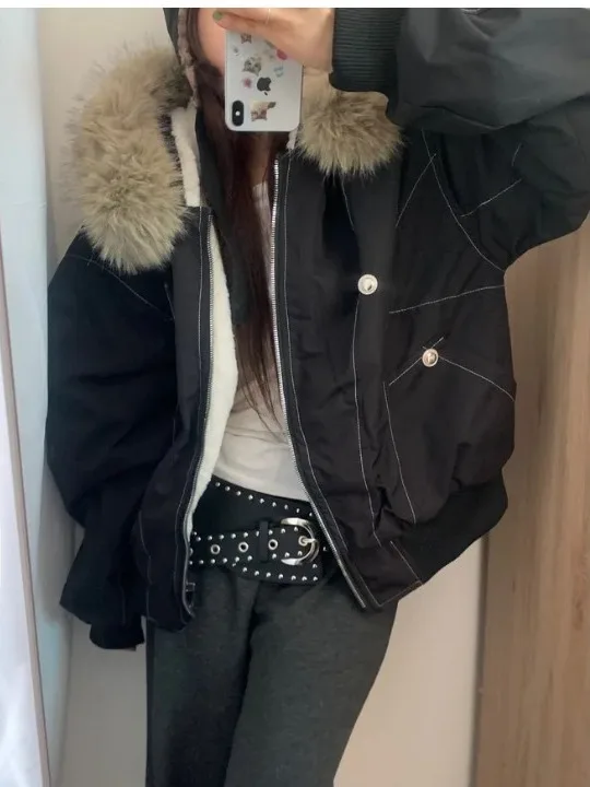 

Winter New Faionable Women's Jaet Cotton Coat with Fur Collar Loose Long Sve Vintage American Workwear ort Outerwear