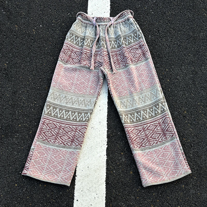 

Hippie Pattern Knitted Slacks Men's Autumn Winter New Straight Baggy Pants Plaid Wide Leg Pants Vintage Distressed Trousers