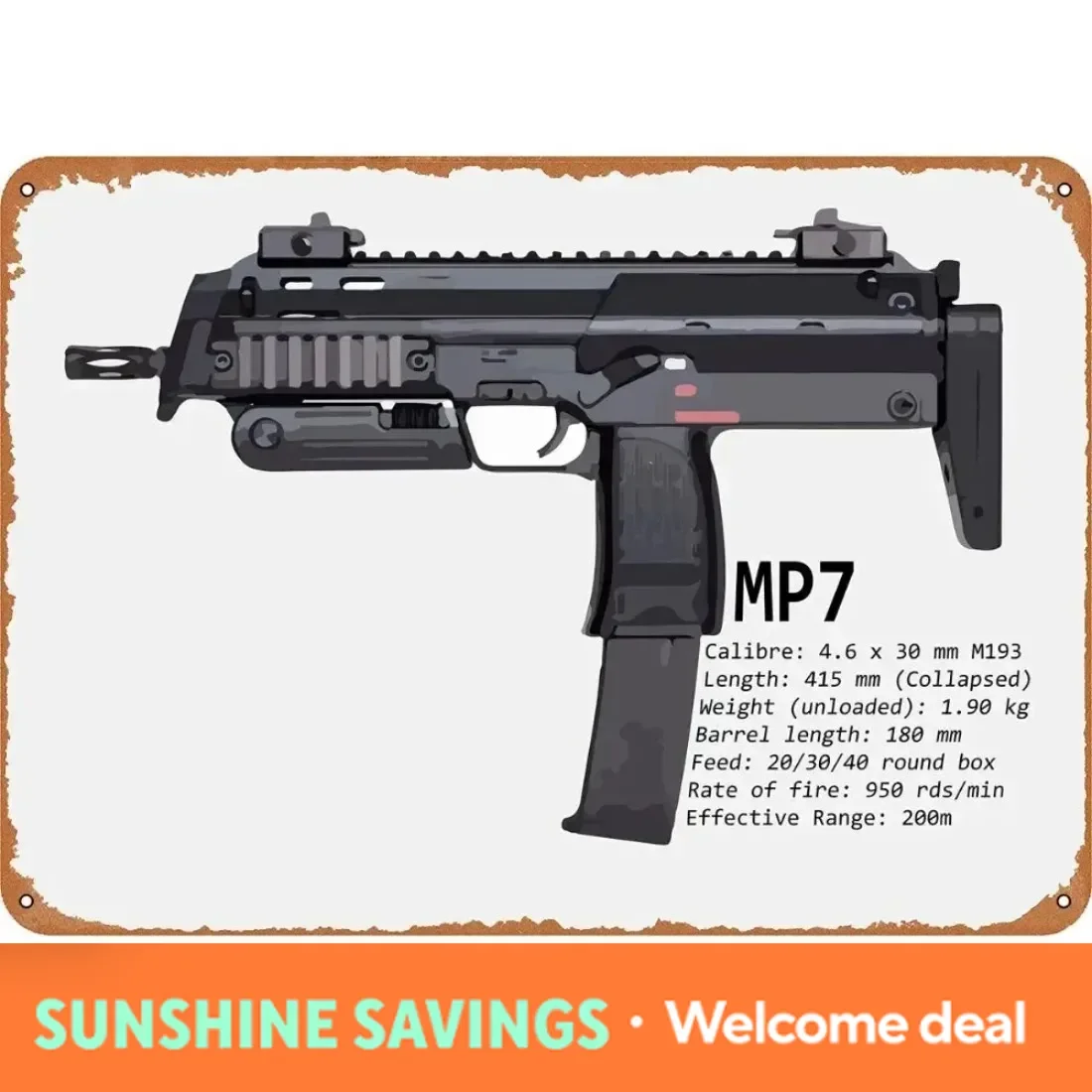 2026 12x8 Inch Military Fan Gift MP7 PDW Sub Machine Gun Metal Wall Decor For Man Cave Pub Bar