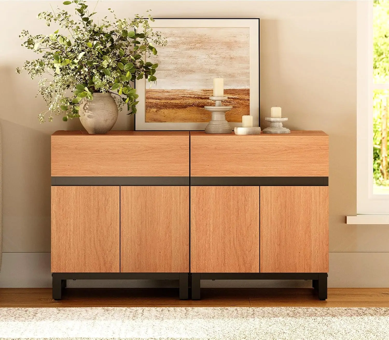 #2 Pack Modern End Table with 1 Drawer & 1 Storage Cabinet, Farmhouse Sofa Table with 2 Open Door, Wood Rustic Side, Customized