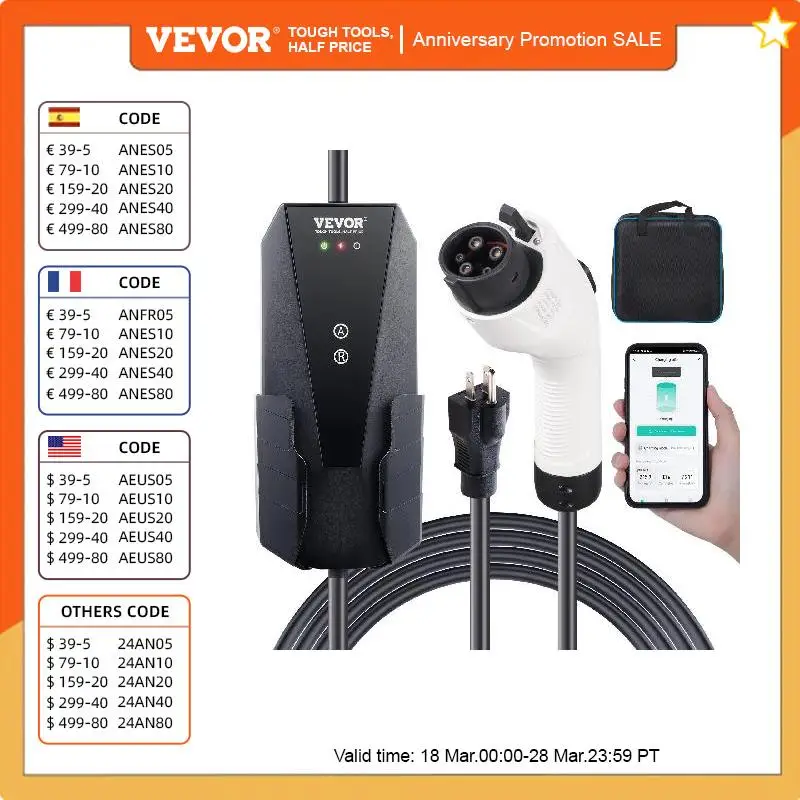 VEVOR Portable EV Charger Electric Vehicle Charger Plug-in Home EV Charging Station with 28-Foot Charging Cable SAE J1772 EVs