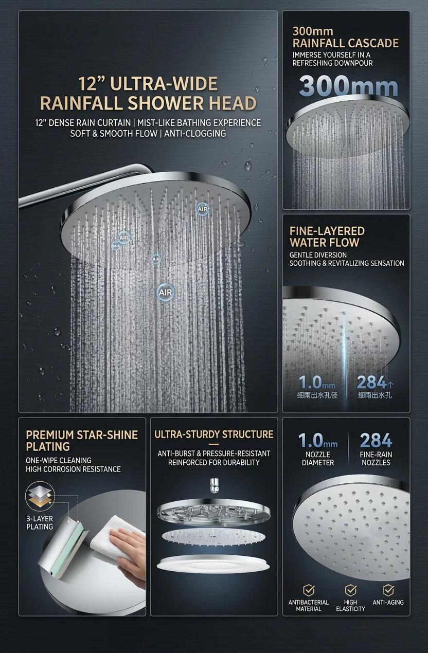 12 Inch Rainfall Shower Head Large Round High Pressure Air Pressurized Top Sprayer Water Saving for Bathroom SPA