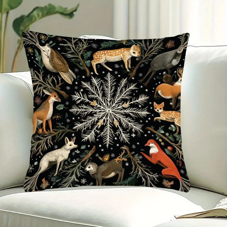 Rustic Forest Animals Snowflake Double Sided Pillowcase Merry Christmas Winter Style Zippered Cushion Cover Living Room Bedroom