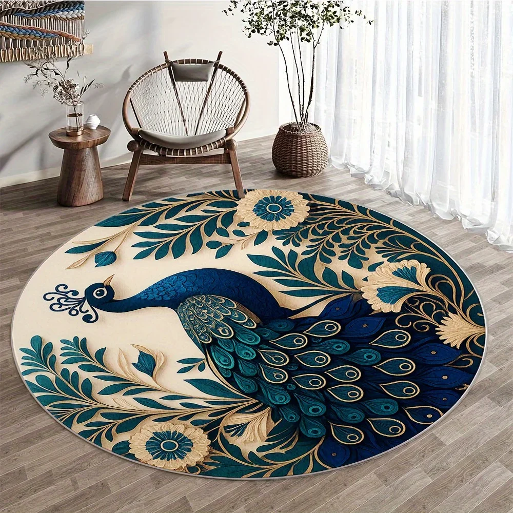 ~O~Luxury Turquoise & Gold Peacock Round Rug – Non-Slip Floor Mat for Living Room, Bedroom & Home Decor