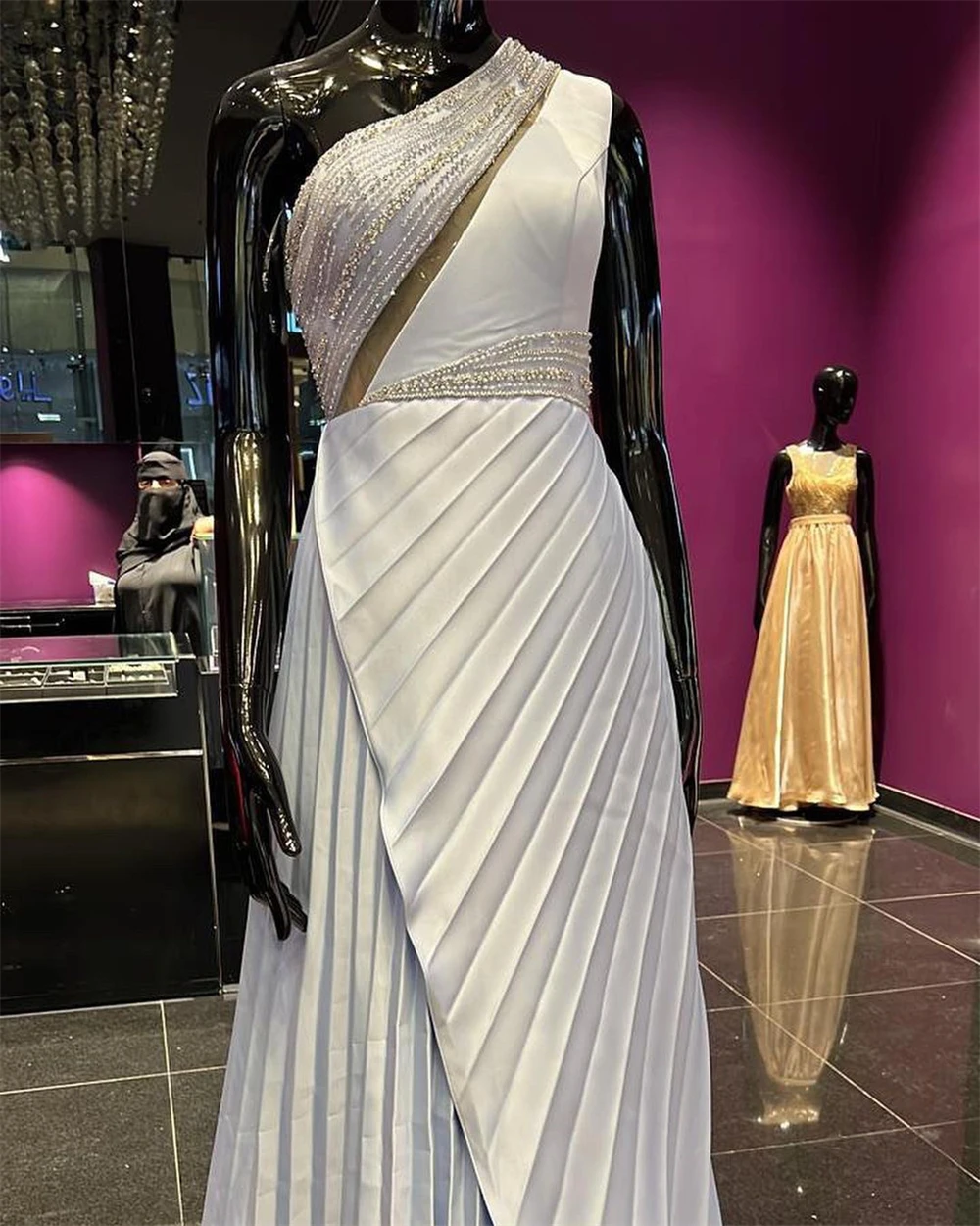 Customized Saudi Arabia  Evening Jersey Draped Pleat Beading Wedding Party A-line One-shoulder Bespoke Occasion Gown Long Dresse