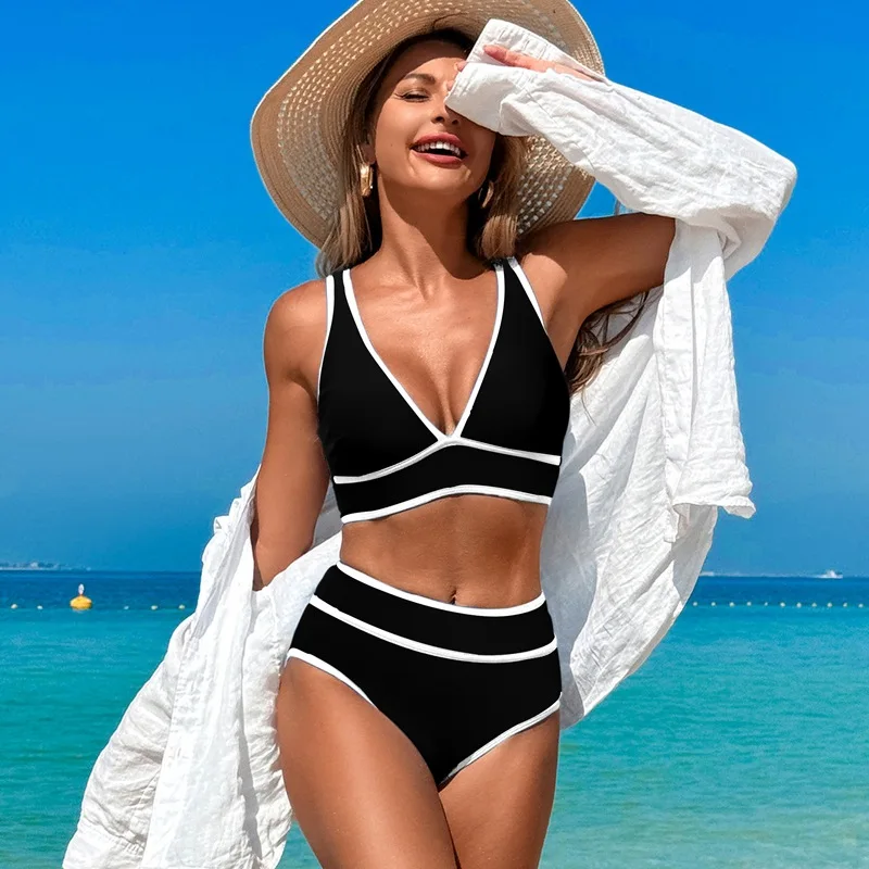 

Women's Black High-Waist Push-Up Swimsuit 2-Piece Bikini Set - Sexy Beach Sport Swimwear for Ladies 2025