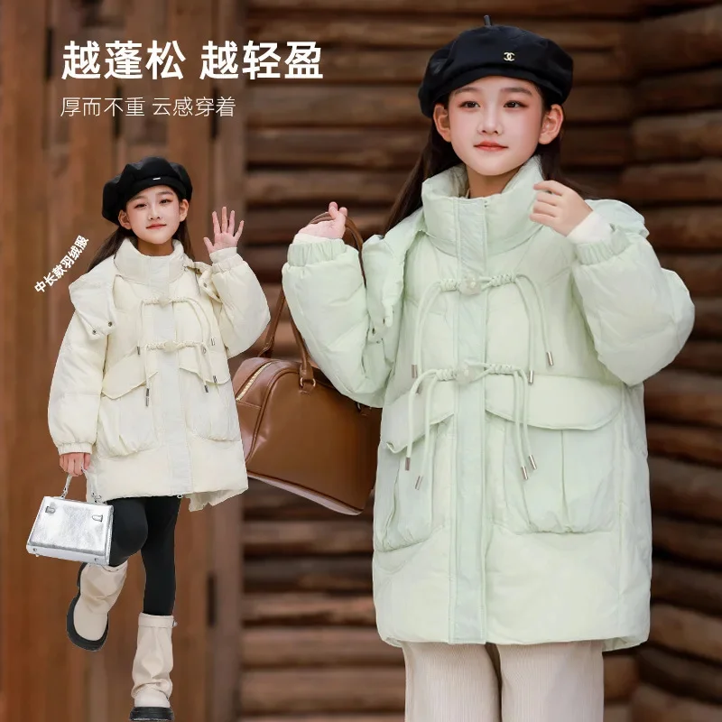 Kids Long Girls Loose Thickened Duck Downjacket Yellow Green Pink Children Coat Teenagers Hooded Padded Jacket Clothes Winter