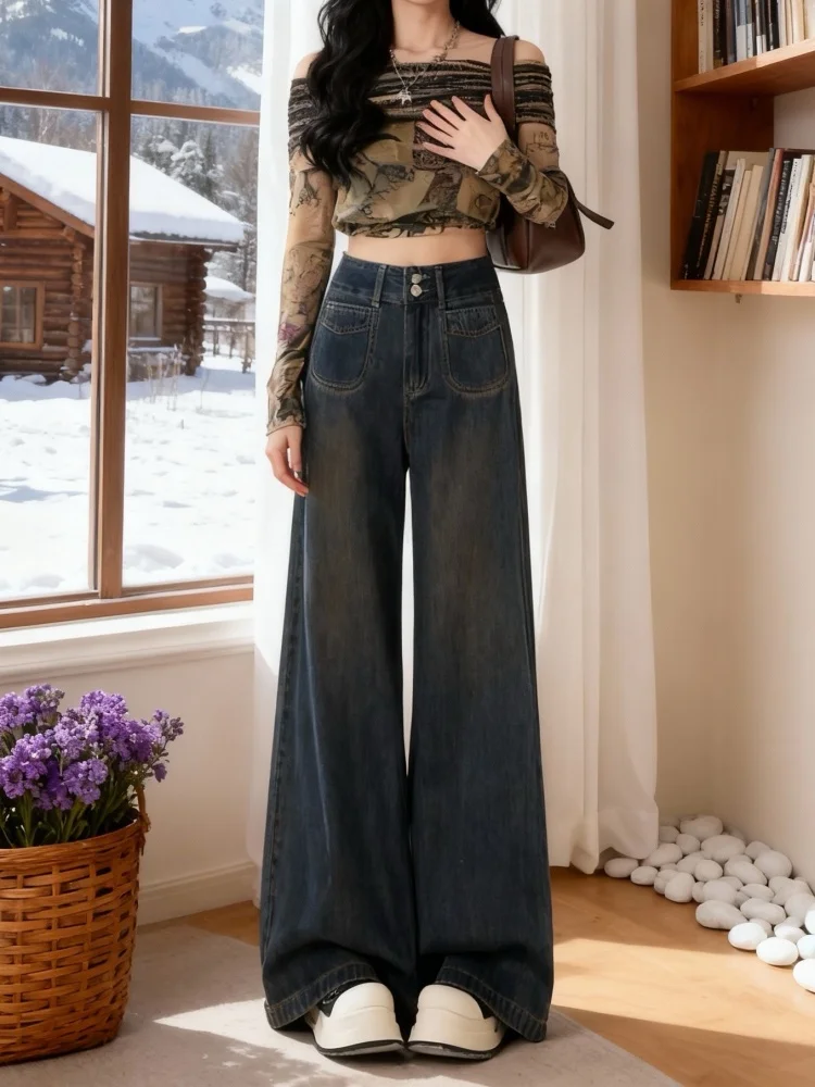

plus Size Women's Fce Lined Wide Leg Jeans High Waist American Sle Loose Fit Casual Straight Cut Trousers Autumn Winter