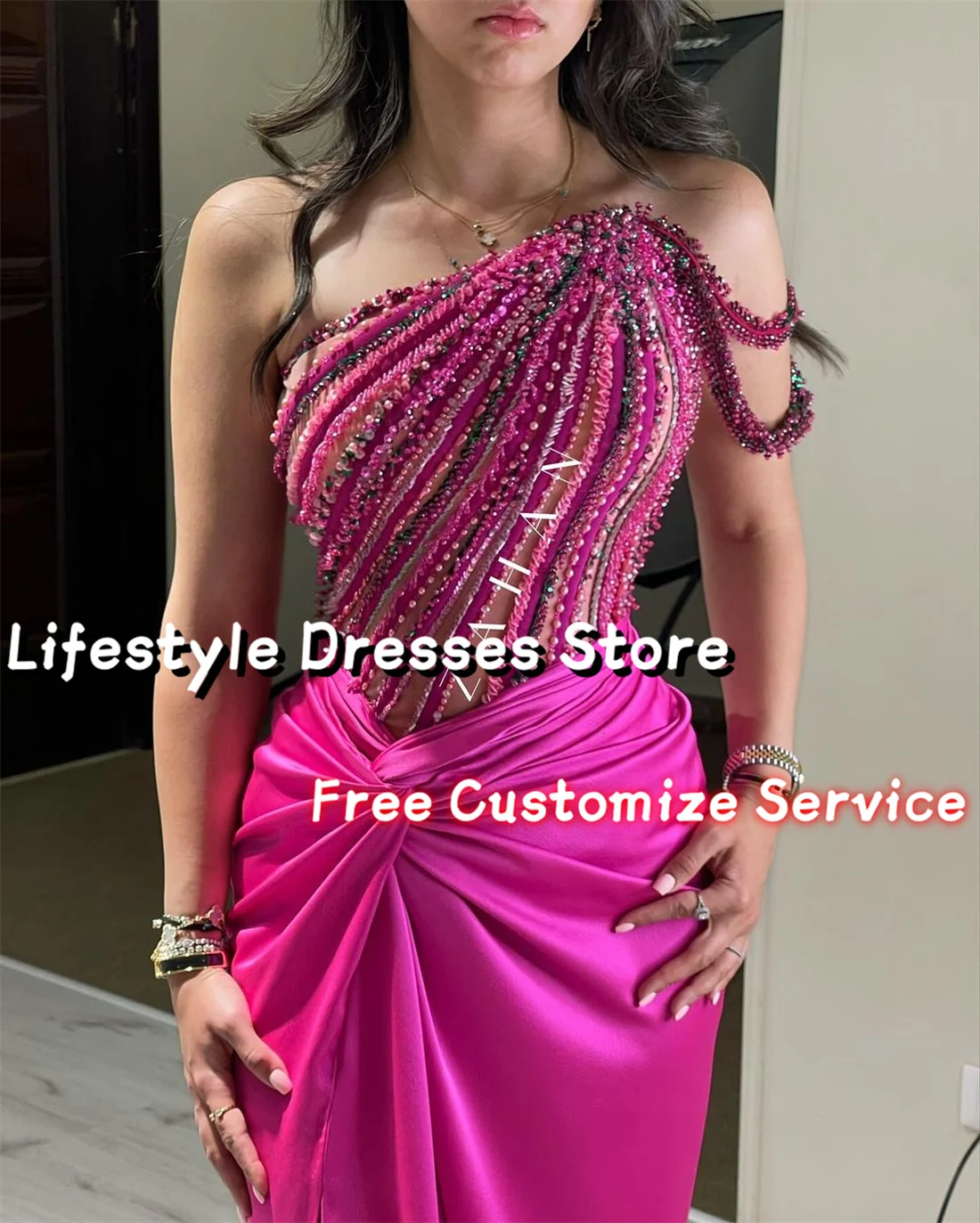 Customized One-shoulder Luxury Beaded Evening Dresses Sleeveless Pleat Satin Long Prom Dresses Wedding Formal Party Gown