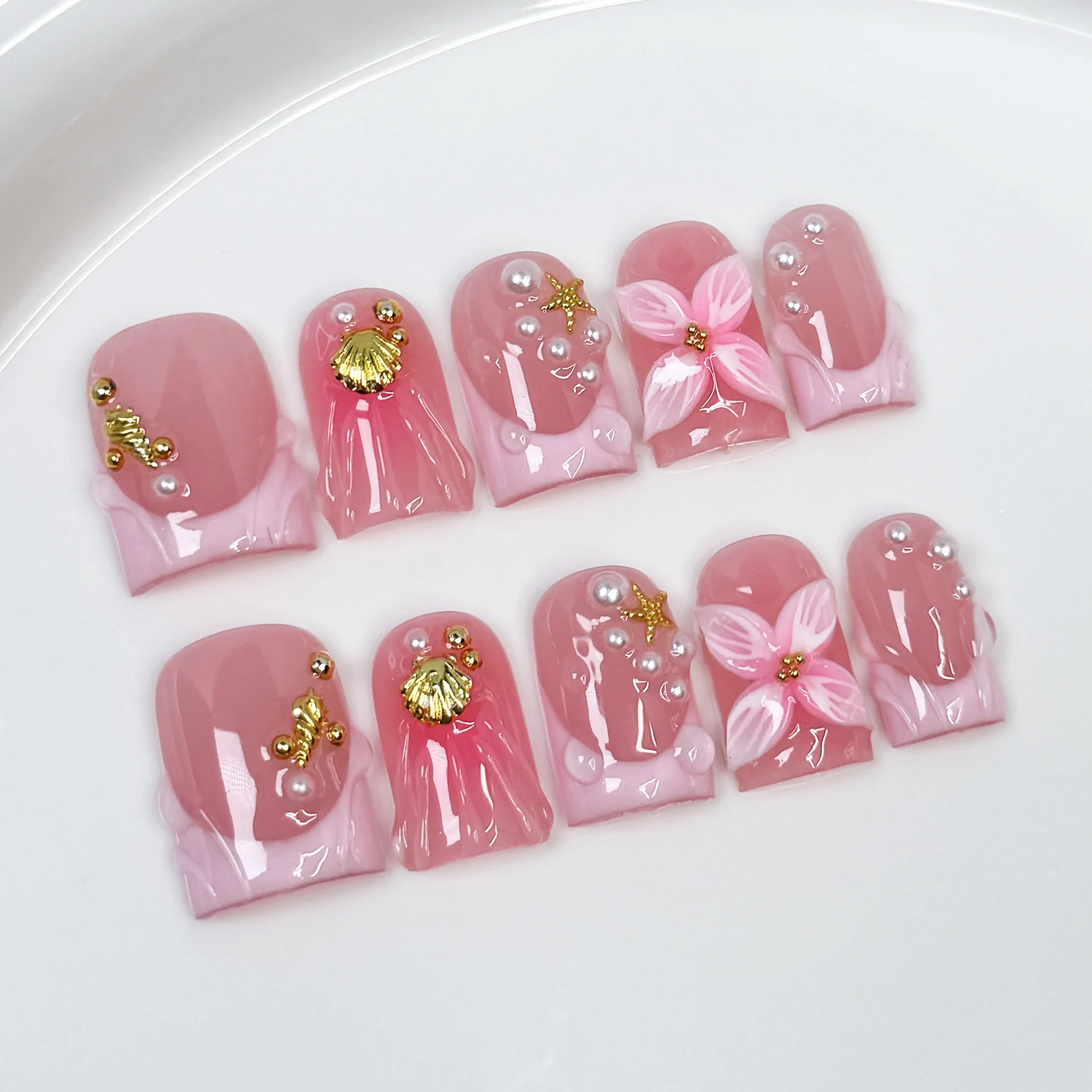 10pcs Nude Pink French Short S - Pressed Flower Art 评论和价格