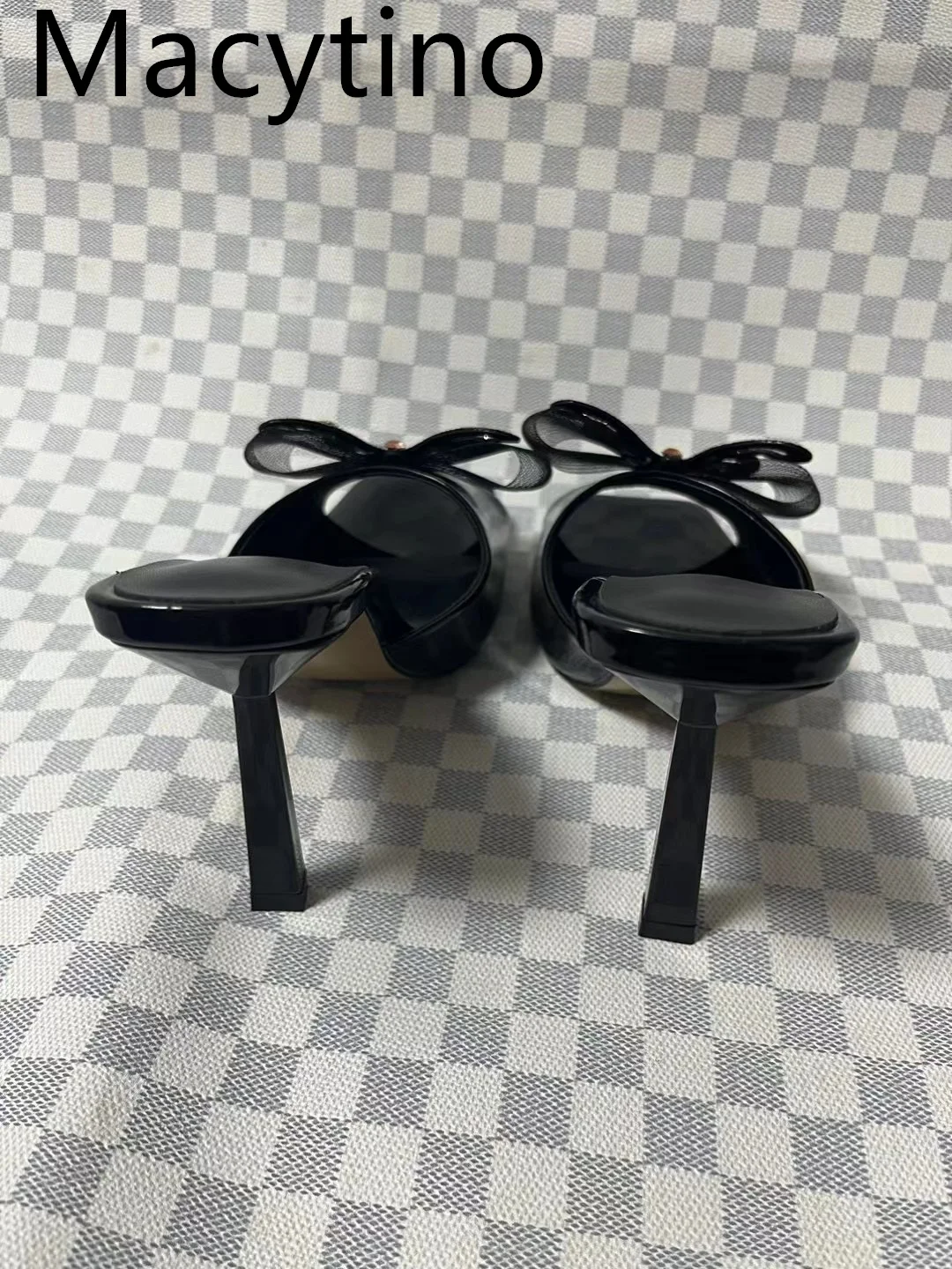 Women's Sandals Patent Leather 2024 Summer Bow Crystal Slippers Party Wedding Shoes Square Toe Stiletto Heel