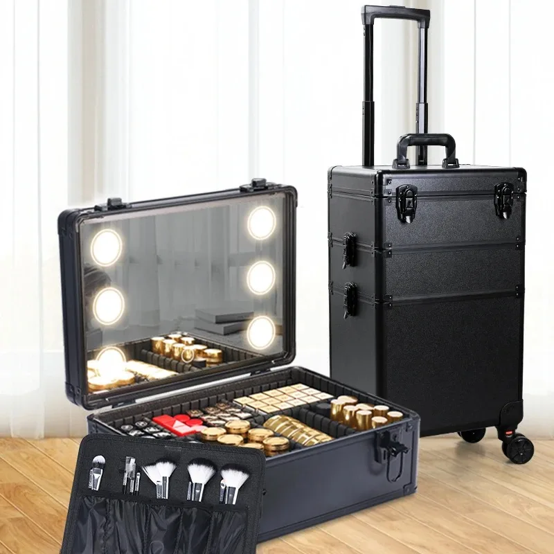 3 in 1 Portable Interchangeable Aluminum Rolling Makeup with led Mirror & Pull Rod -  Tools Organizer