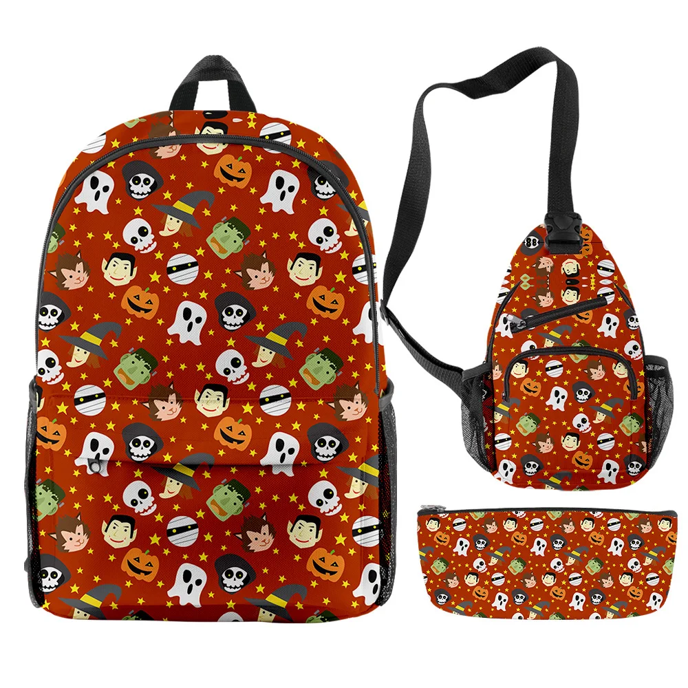Dibujos animados populares divertidos felices Halloween impresión 3D 3 unids/set mochilas escolares para alumnos mochila de viaje para ordenador portátil bolsa de pecho estuche para lápices
