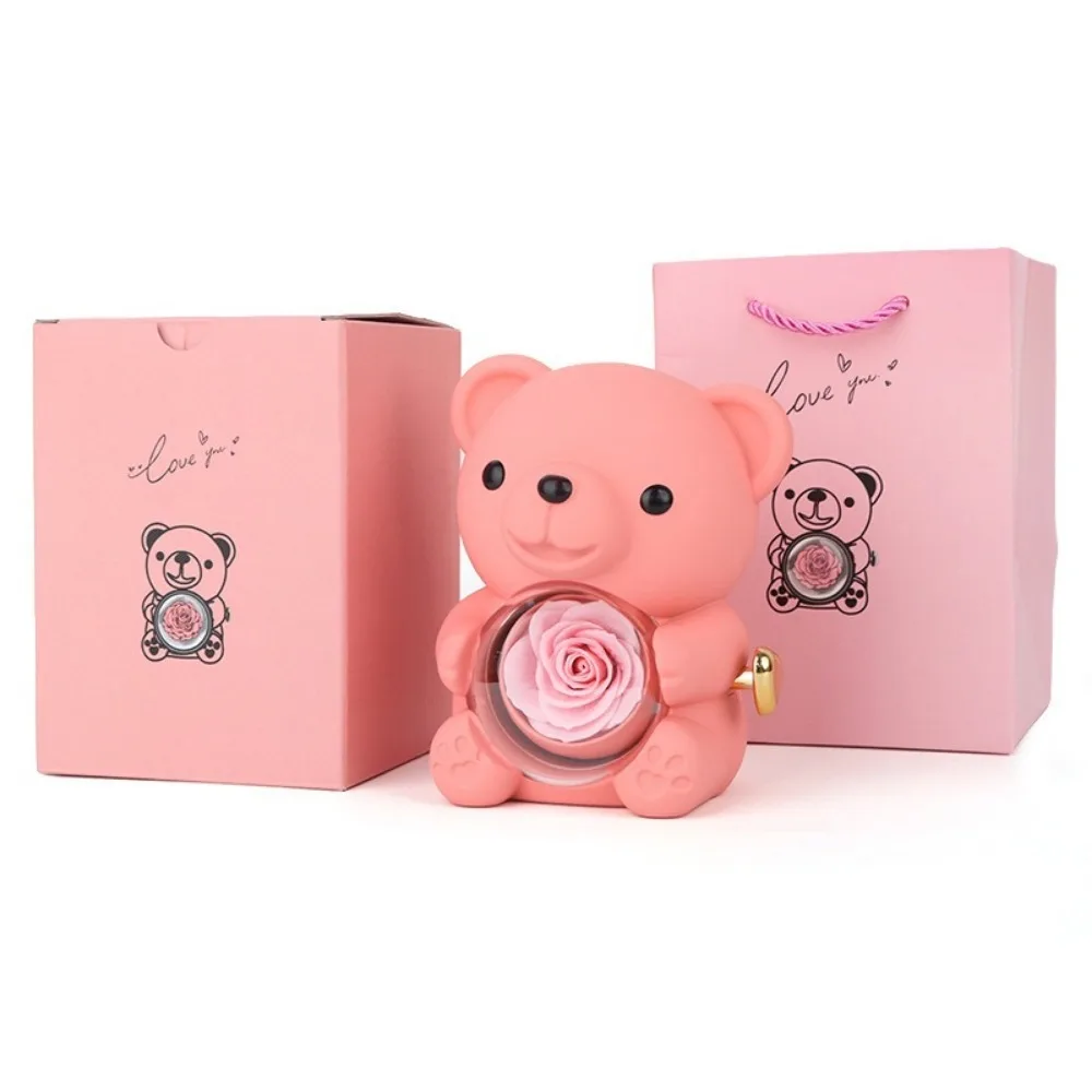 

Plastic Rotating Hugging Bear Jewelry Box Romantic Cute Rose Bear Gifts Box Jewelry Display with Soap Rose