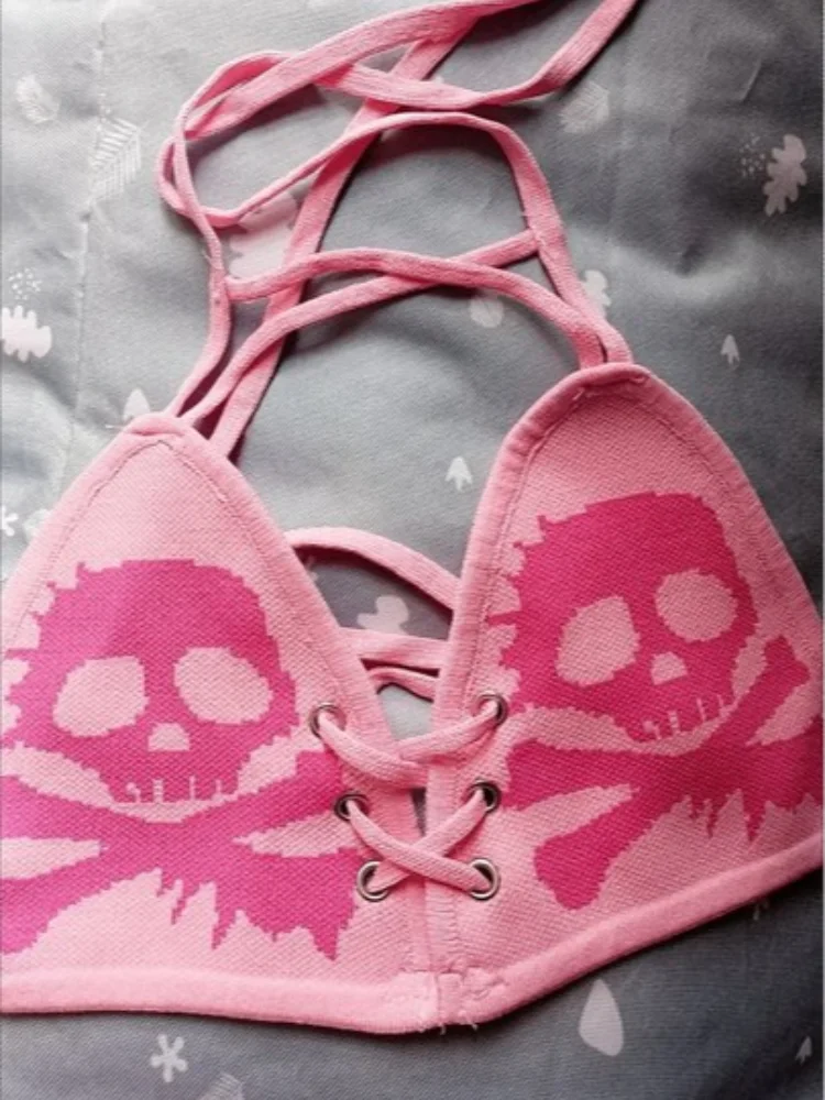 Japanische Subkultur Gothic Dark Punk Skull Print Bikini American Retro Spicy Girl Sexy Bikini Strap hängender Hals Badeanzug BH