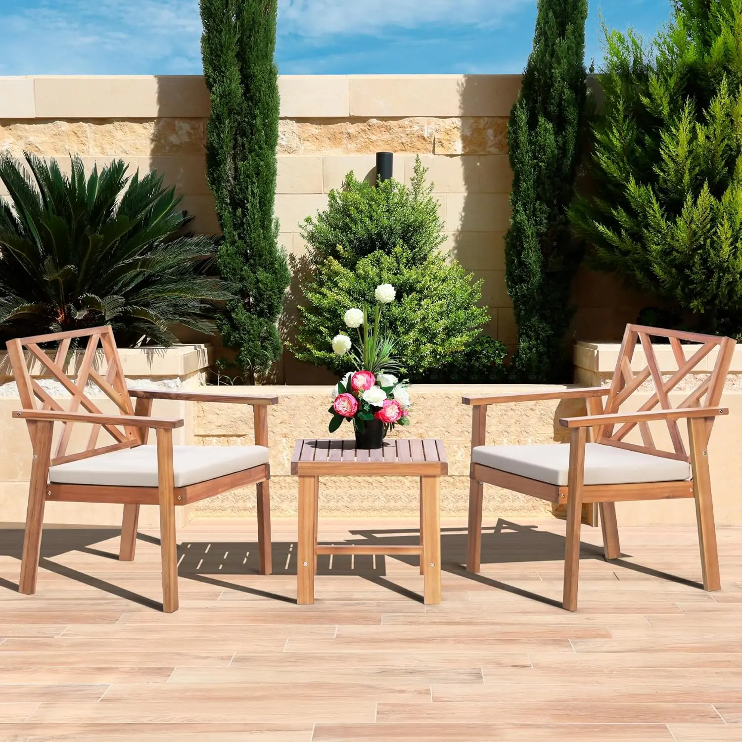 

Комплект садовой мебели из 3 предметов с мягкими подушками и кофейным столиком, из акации, для веранды, балкона, террасы, заднего двора