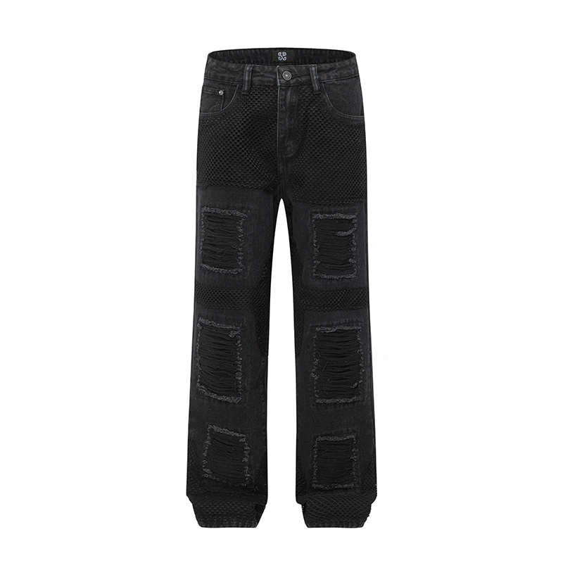 Pantalones vaqueros de empalme de rejilla de calle personalizados para hombre, jeans rectos sueltos de alta gama, negro lavado, nueva destrucción, otoño, 2024