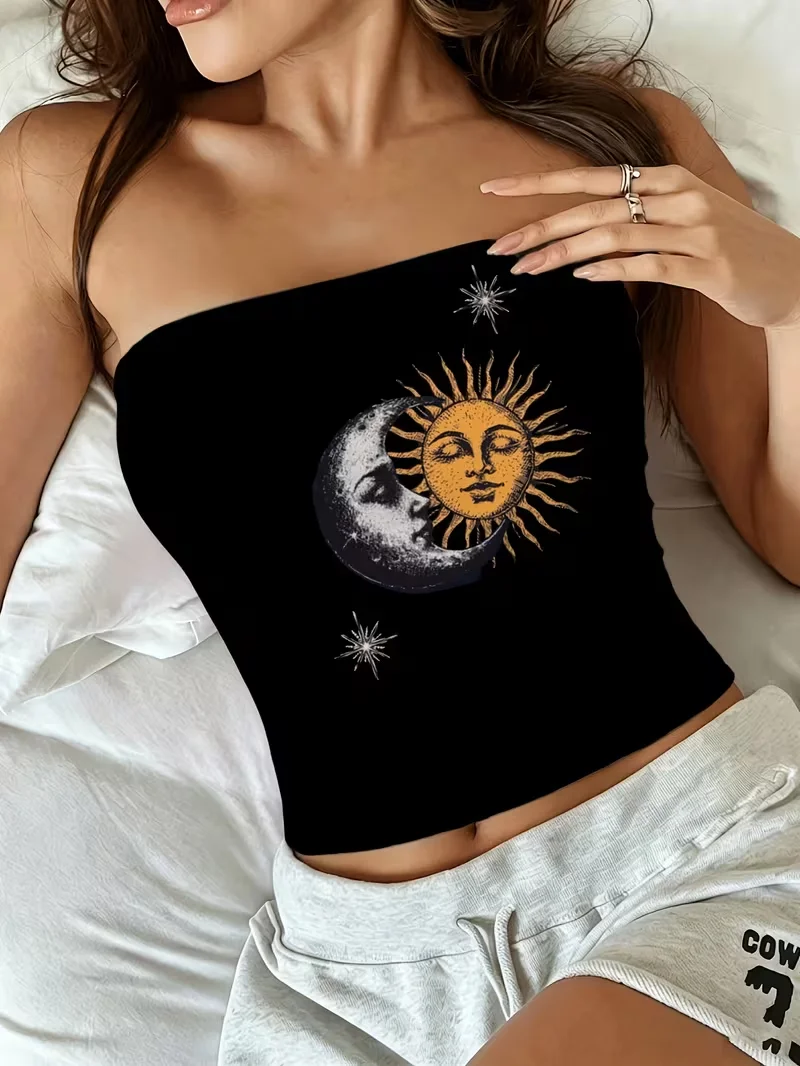 Retro-style women's strapless fitted short-sleeved slim-fit Y2K-style racerback top, a versatile summer garment