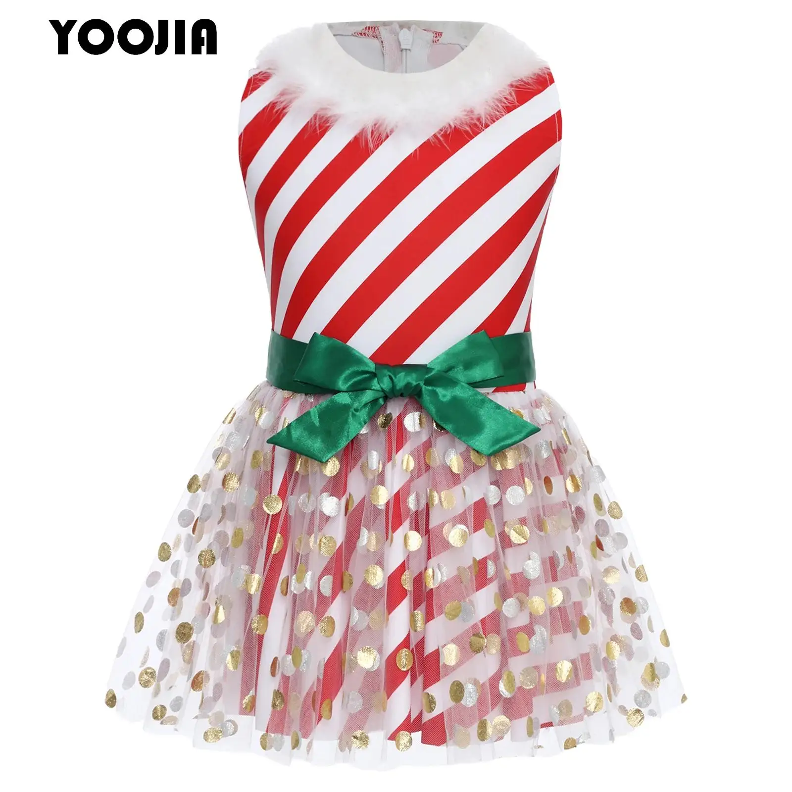 

Girl Christmas Candy Cane Stripes Costume Xmas New Year Carnival Party Elf Santa Sweetie Tutu Dress Ballet Skating Leotard Dress