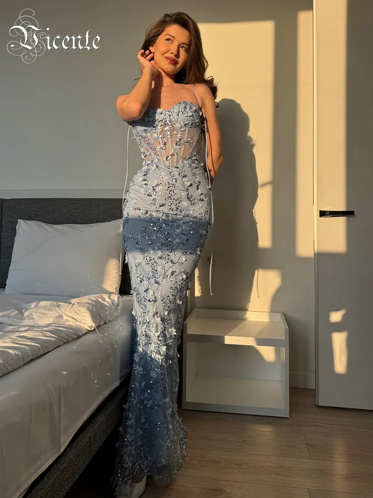 Dusty Pink Spaghetti Strap Mermaid Evening Gown 3D Floral Appliqué Sequin Tulle Corset Long Formal Wedding Guest Maxi Dress