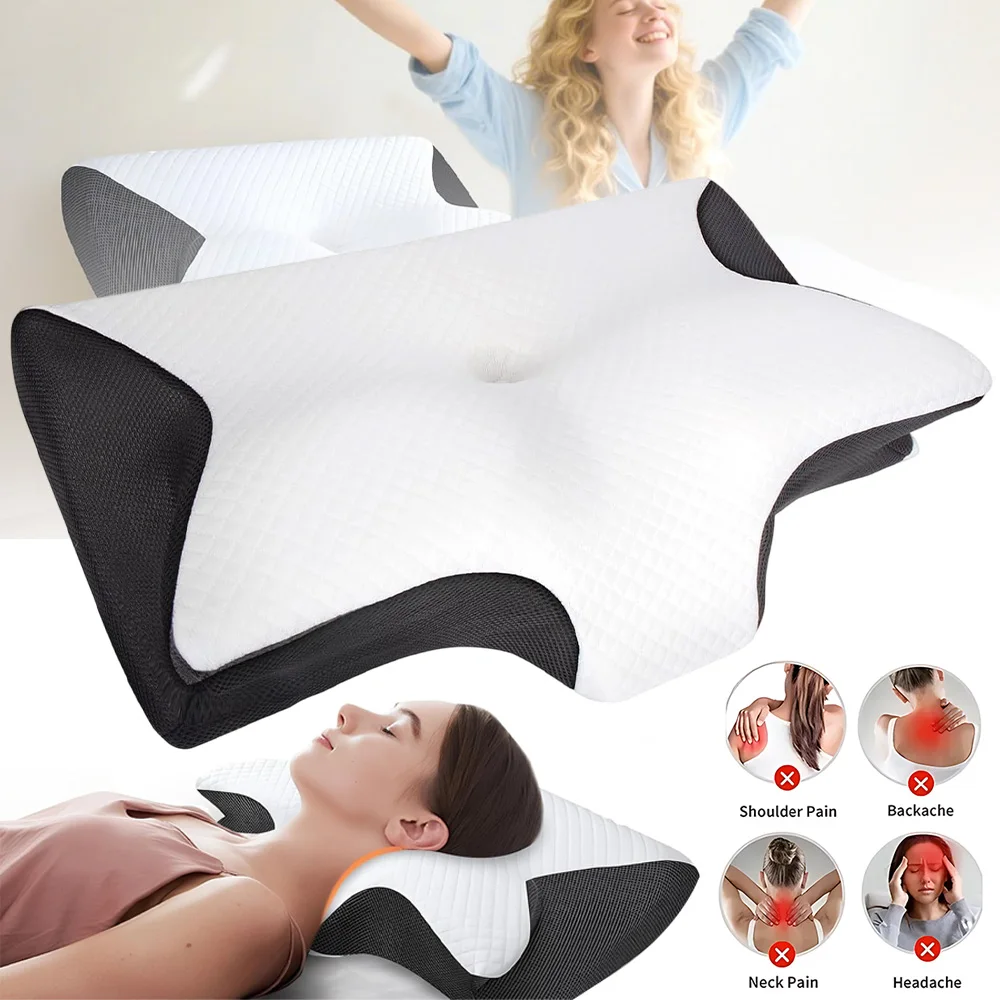 Oreiller cervical ergonomique en mousse à mémoire de forme en forme de papillon, oreiller de sommeil à récupération lente pour soulager les douleurs cervicales