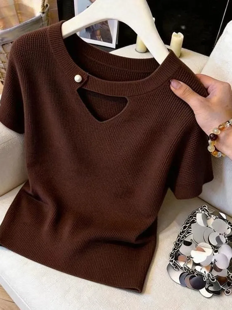 Outlet Guangzhou Thirteenth Factory Hollow out Ice Silk Short Sleeve Knitted T Shirt Women  Color Ageless Summer Top