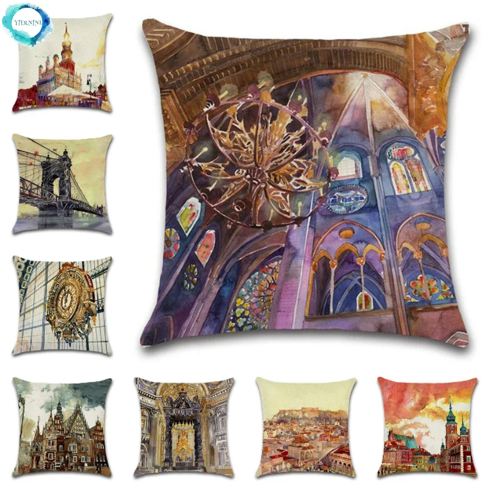 Famous Buildings Watercolor Landscape Painting Decor Cushion Cover Bedroom Polyester Throw Pillow Cover Pillowcase for Couch