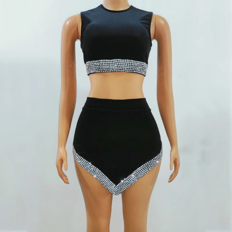 

Sexy Rhinestones Black Top Skirt Pole Dance Clothing Women Festival Outfit Nightclub Dj Ds Stage Gogo Dance Costumes XS6689