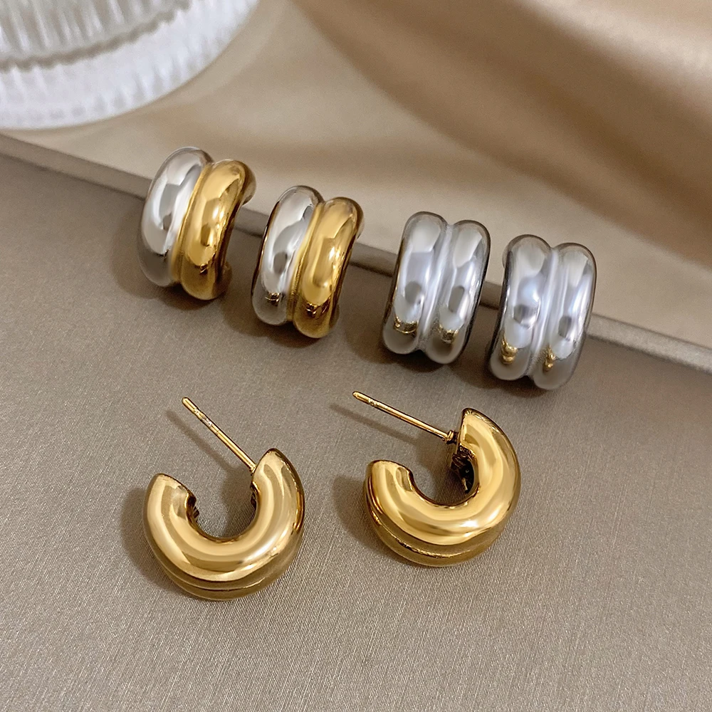 Greatera Waterproof Two Tone Stainless Steel Hoop Earrings for Women Chunky Gold Plated Double C Shaped Earrings Party Jewelry