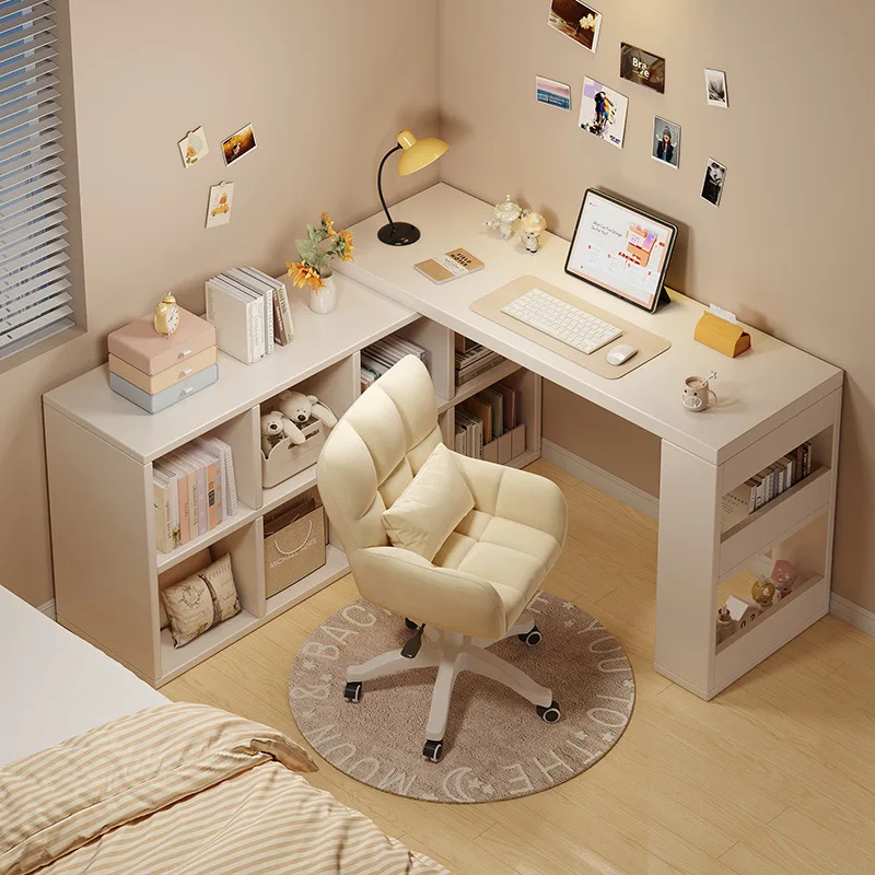 Computer Desk Corner Bookshelf Integrated Desk Girls Bedroom L-Shaped Desk Retractable End Table